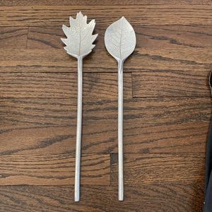 Vintage Leaf Shape Salad Tongs Mariposa 1992 Mexico Rustic Finish Silvertone 15”